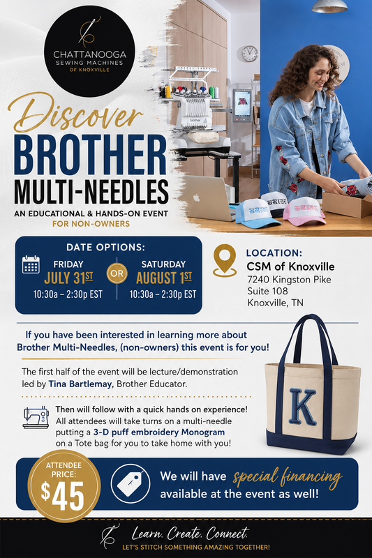 Knoxville Brother PR Possibilities with Tote Embroidery Event Saturday August 1st