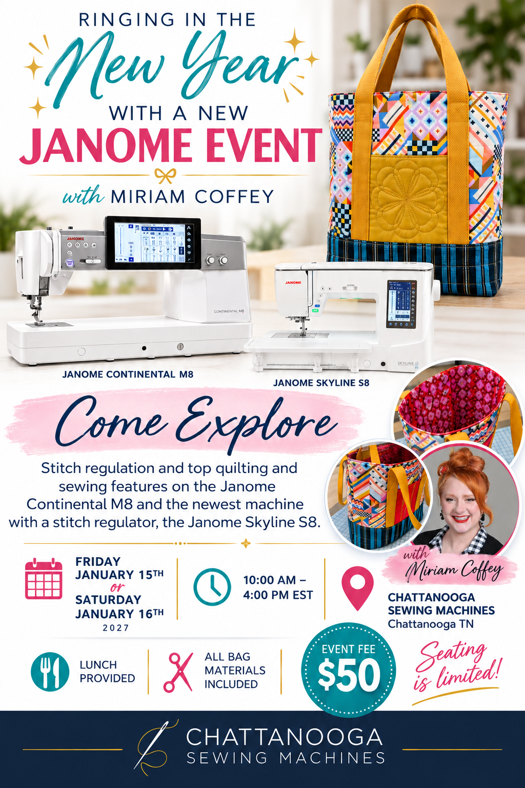 Janome M8 S8 Mini Tote Event with Miriam in Chattanooga Friday Jan 15th 2027