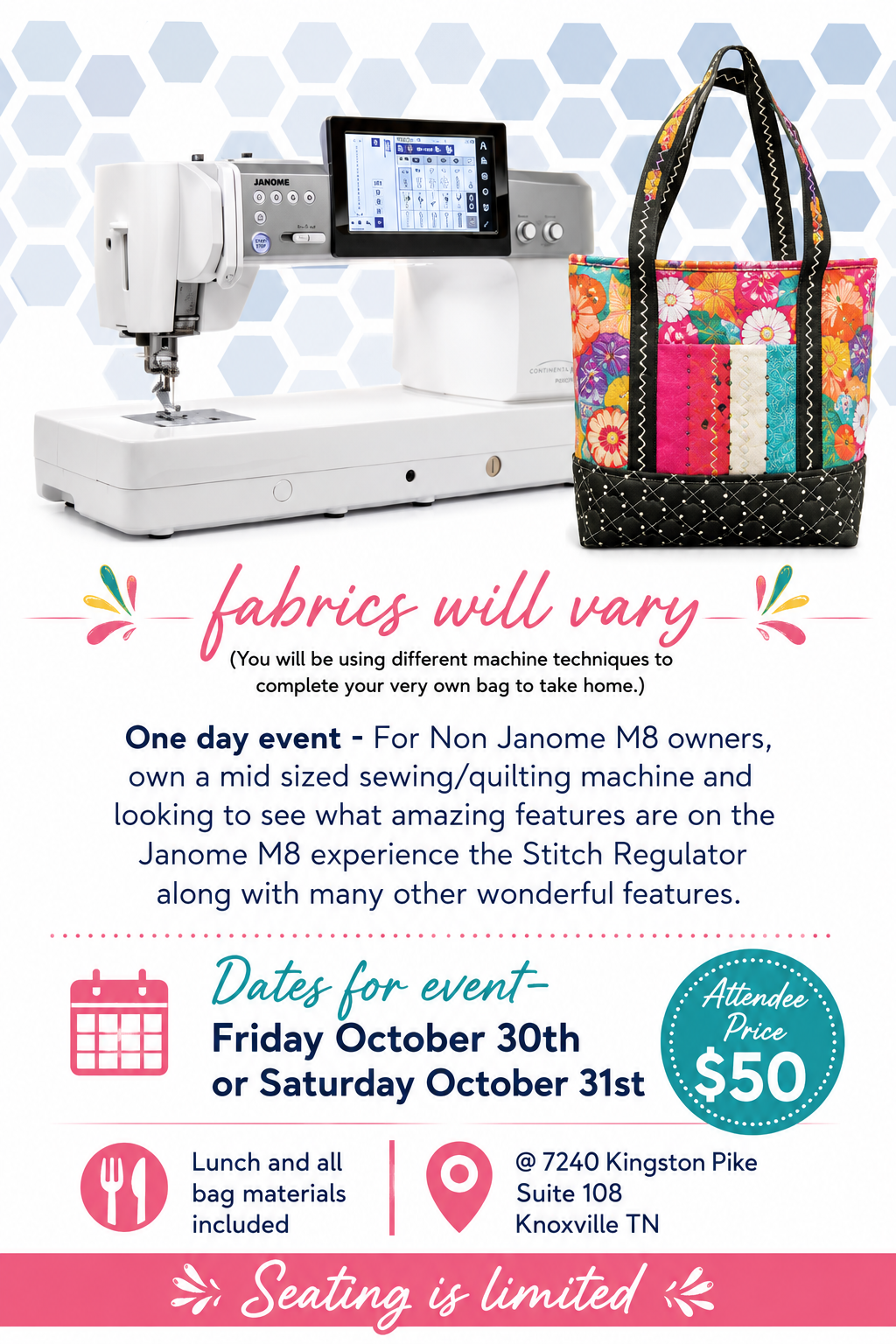 Knoxville Mini Janome M8 Shopping Tote Event Saturday October 31st