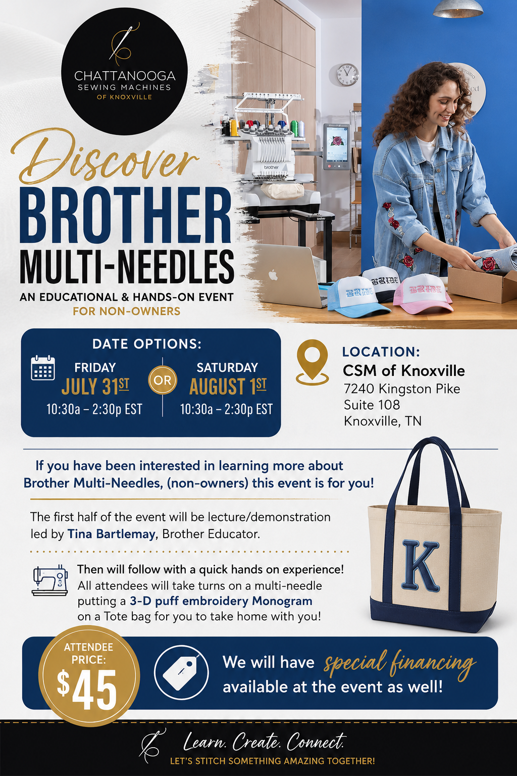 Knoxville Brother PR Possibilities with Tote Embroidery Event Saturday August 1st